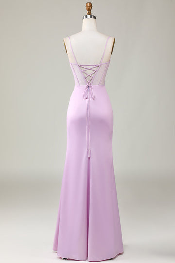 Mermaid Spaghetti Straps Lilac Long Bridesmaid Dress with Slit